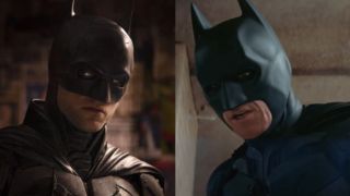 Robert Pattinson in The Batman/Christian Bale in The Dark Knight side by side