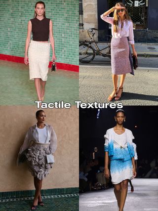 A collage of four textured skirt images with the words "tactile textures" on it.