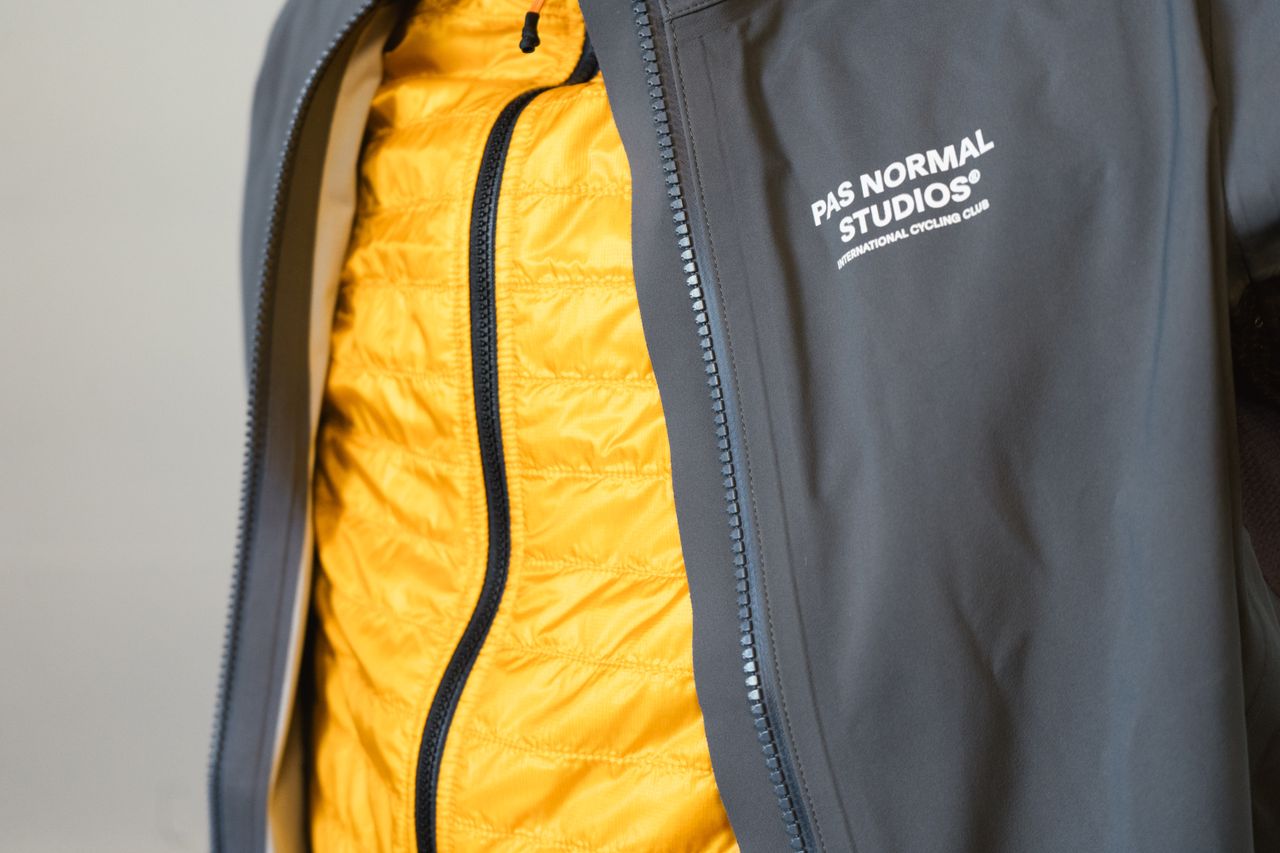 Detail shots of a grey waterproof cycling jacket