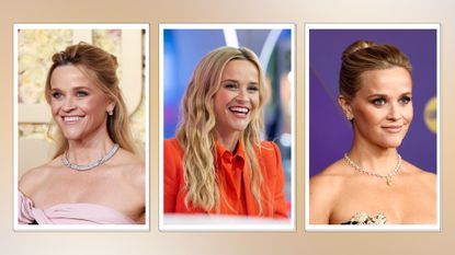 three images of Reese Witherspoon wearing different beauty looks on a beige background