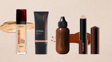 Collage of four of the best waterproof foundations featured in this guide from (left to right) L'Or&eacute;al, Shiseido, MAC and Hourglass, set against a warm beige background 