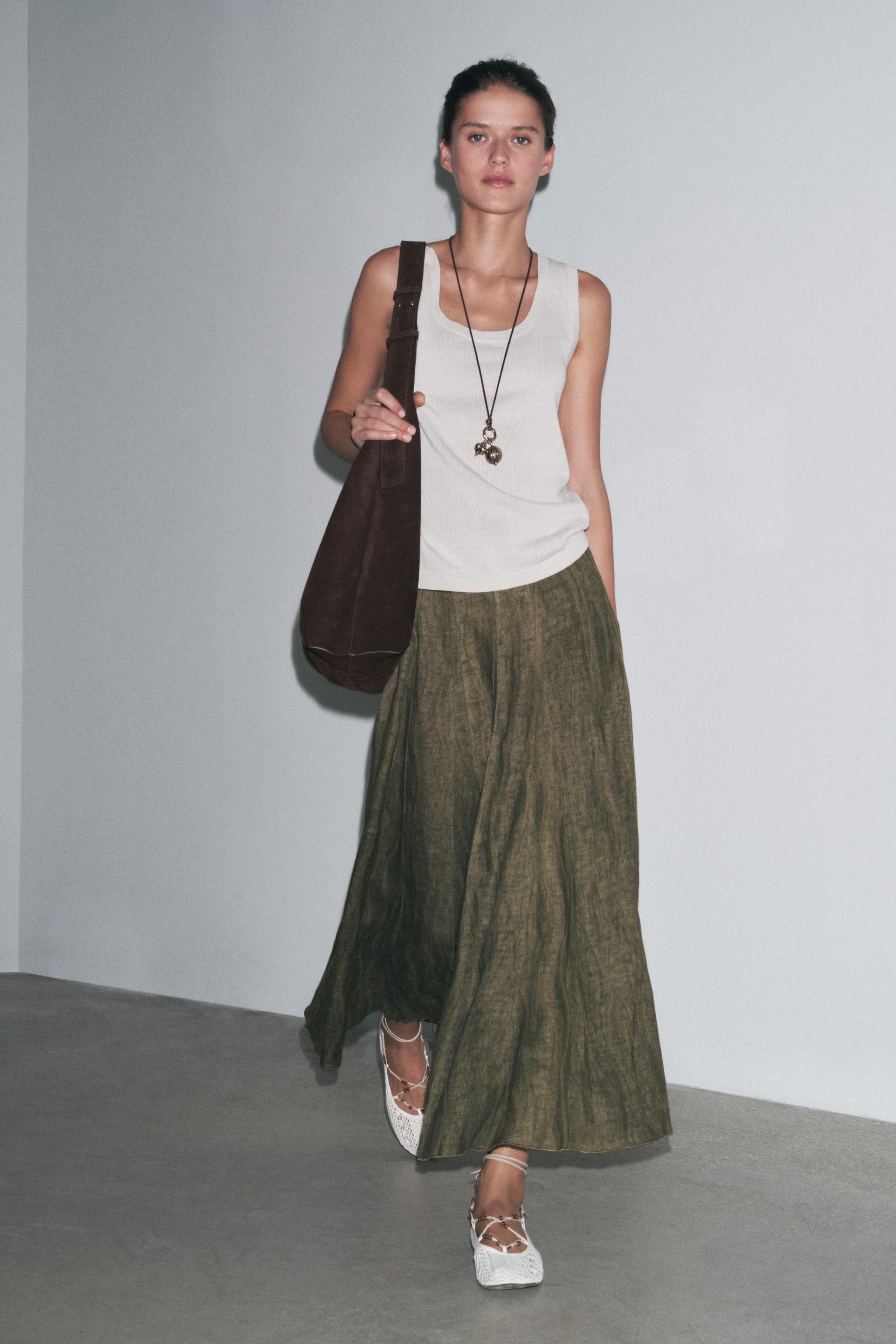 Zw Collection 100% Linen Midi Skirt