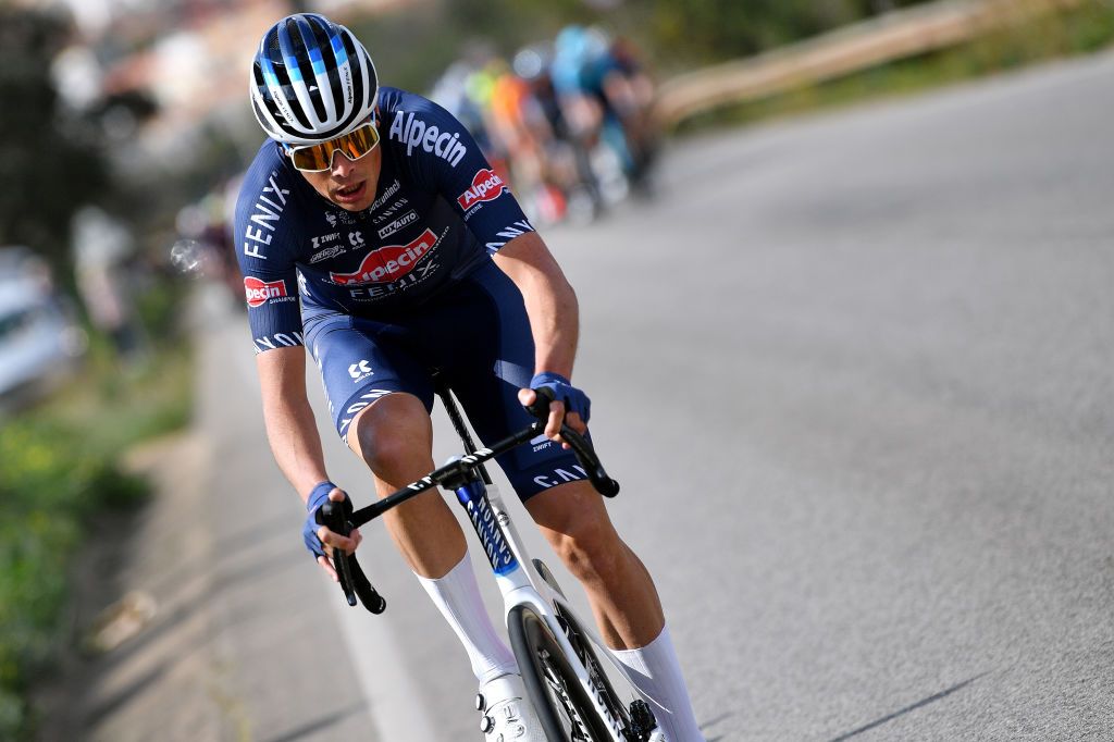 LOULE PORTUGAL FEBRUARY 20 Oscar Riesebeek of Netherlands and Team AlpecinFenix attacks in the breakaway during the 48th Volta Ao Algarve 2022 Stage 5 a 173km stage from Lagoa to MalhoLoul 514m VAlgarve2022 on February 20 2022 in Loule Portugal Photo by Luc ClaessenGetty Images