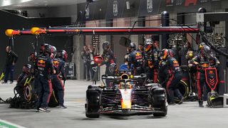 TOPSHOT - Red Bull Racing's Dutch driver Max Verstappen makes a pit stop during the Las Vegas Formula One Grand Prix on November 18, 2023, in Las Vegas, Nevada. 