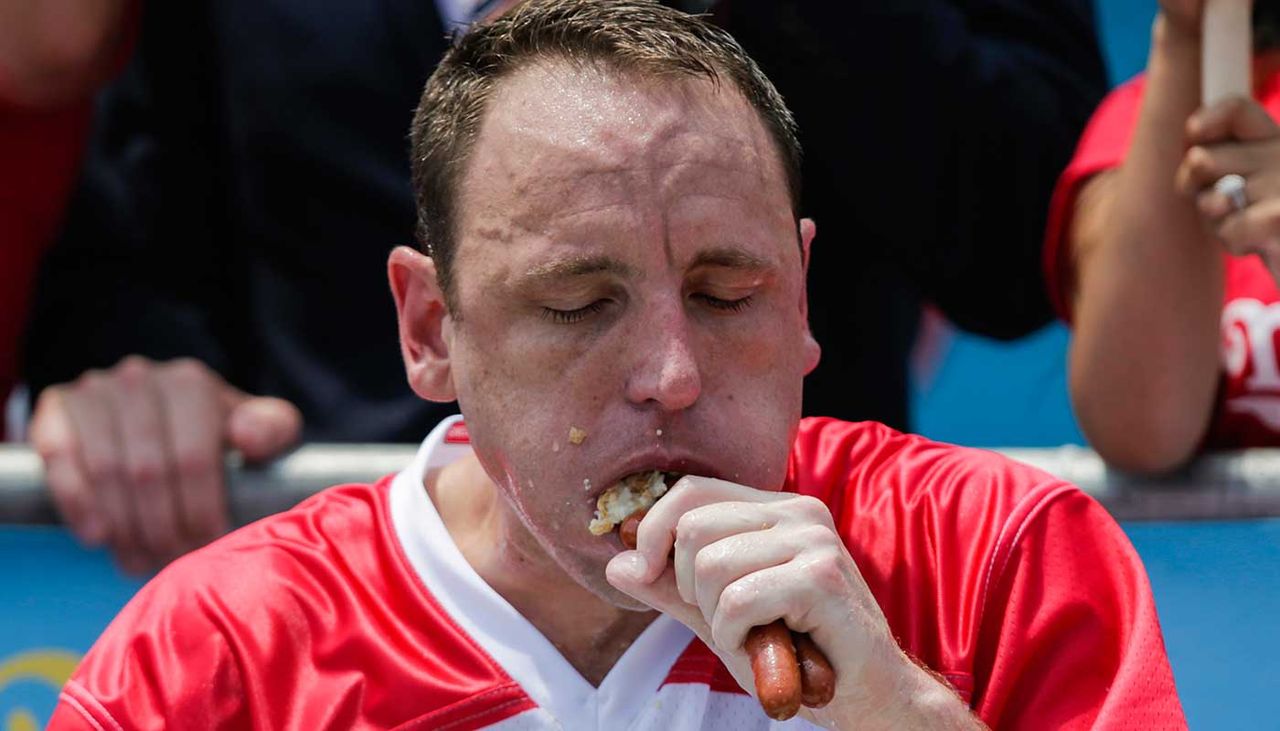 Competitive eater Joey “Jaws” Chestnut ate a record 74 hot dogs in 10 minutes