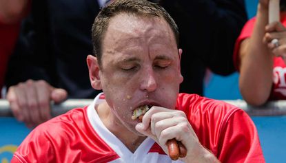 Competitive eater Joey “Jaws” Chestnut ate a record 74 hot dogs in 10 minutes