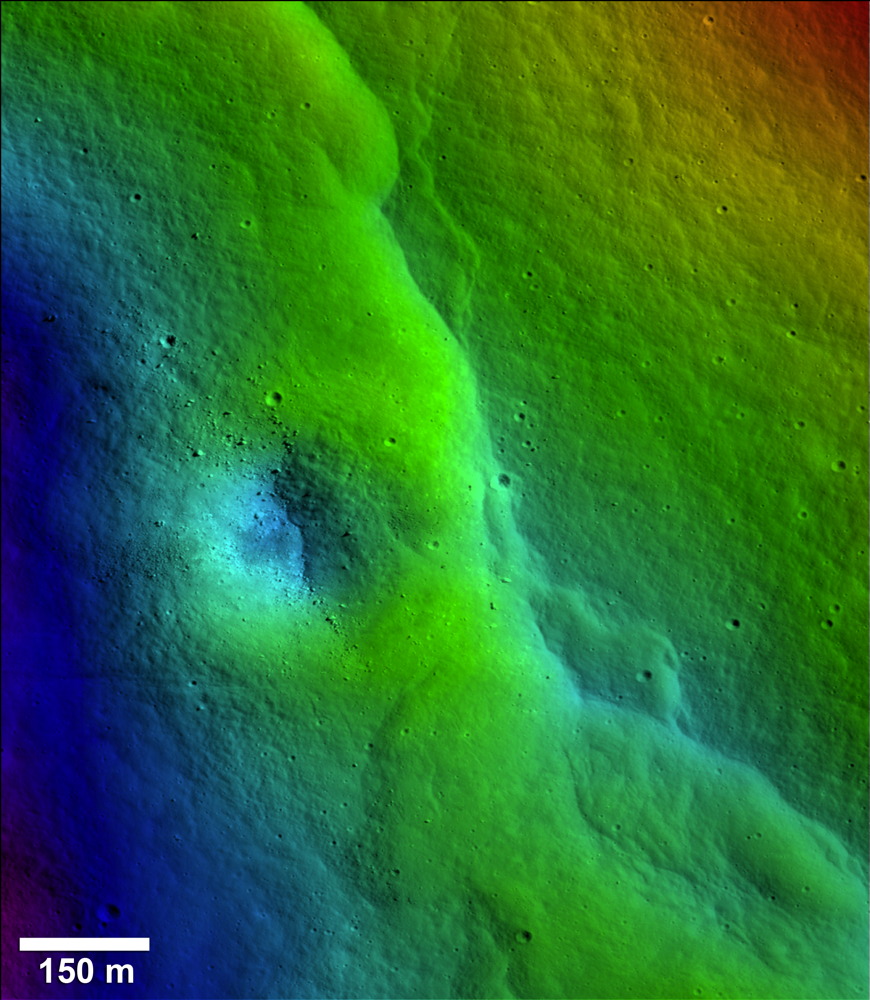 Lunar Reconnaissance Orbiter Camera images (LROC) revealed thousands of lobate fault scarps on the moon, including this prominent one in the Vitello Cluster. Image released Sept. 15, 2015.
