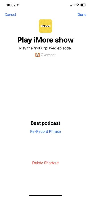 Screenshot of Siri Suggestion for Overcast to play the iMore Show with the phrase