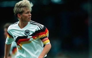 Silvia Neid of Germany in action Germany during the UEFA Women's Euro 1991 final between Norway and Germany on July 14, 1991 in Aalborg, Denmark. (Photo by Bongarts/Getty Images)