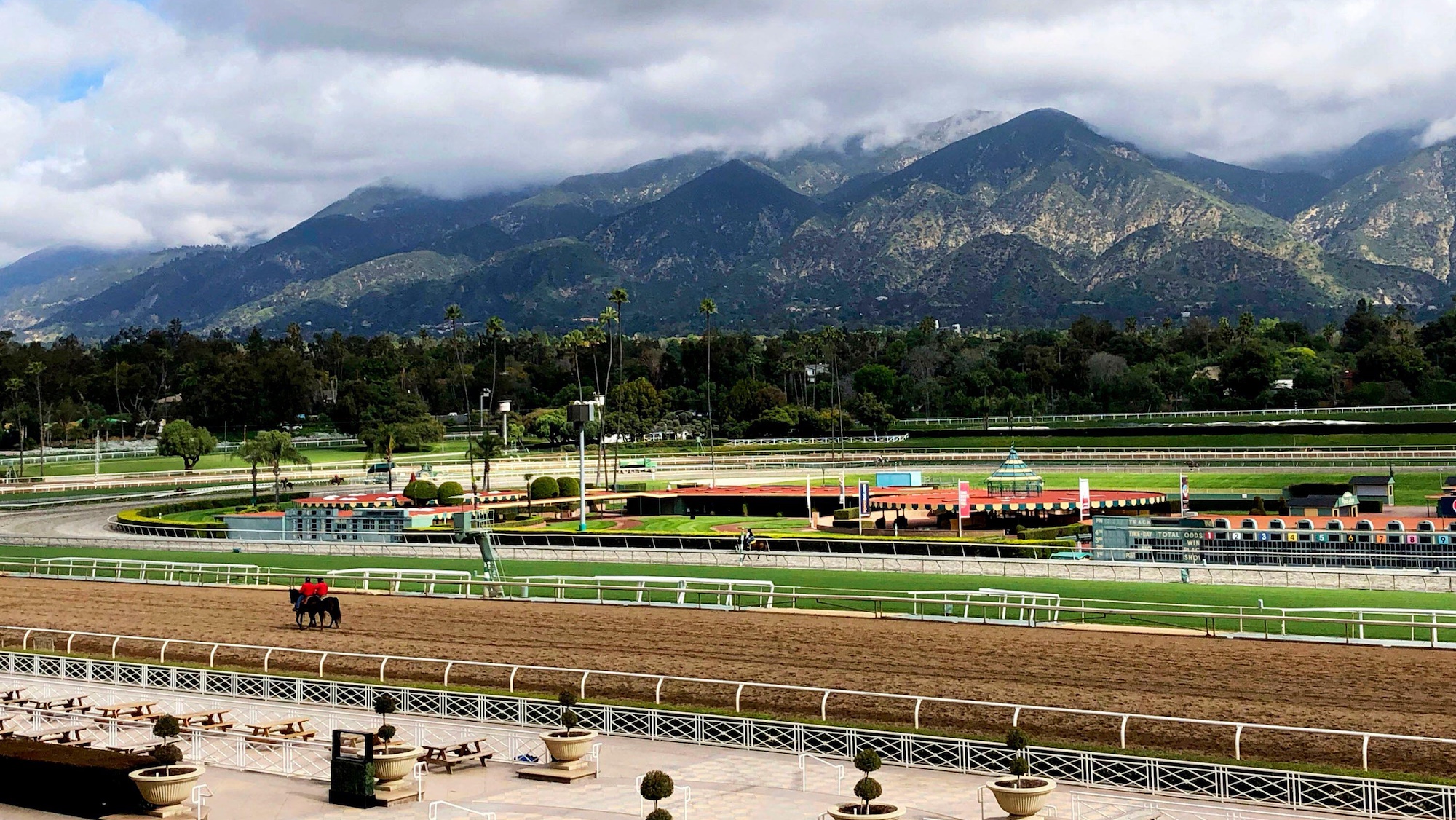 Horses and riders are on the track at Santa Anita Park in Arcadia, California, the site of the equestrian events at the LA28 Olympic Games