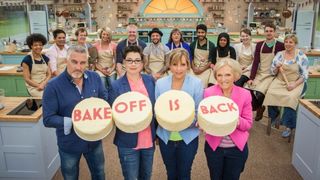Paul Hollywood, Mel and Sue and Mary Berry with the 2015 Great British Bake Off contetants