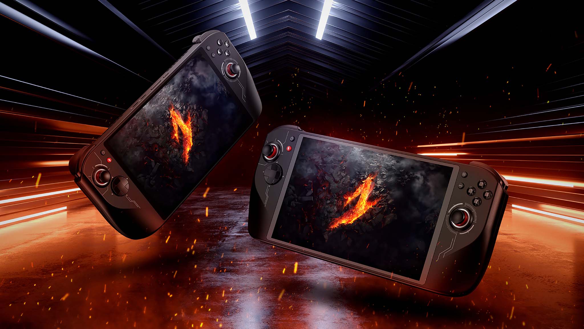 Two Acer Nitro Blaze 8 handhelds on a fiery background.