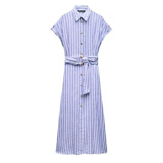 STRIPED LINEN BLEND MIDI SHIRT DRESS