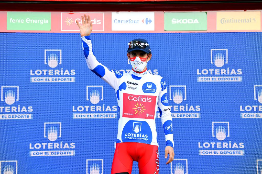 SUANCES SPAIN OCTOBER 30 Podium Guillaume Martin of France and Team Cofidis Solutions Credits Polka Dot Mountain Jersey Celebration Mask Covid safety measures during the 75th Tour of Spain 2020 Stage 10 a 185km stage from Castro Urdiales to Suances lavuelta LaVuelta20 La Vuelta on October 30 2020 in Suances Spain Photo by Justin SetterfieldGetty Images