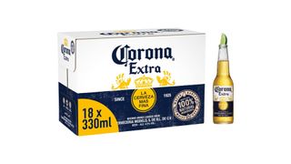 Corona beer in box and bottle with lime