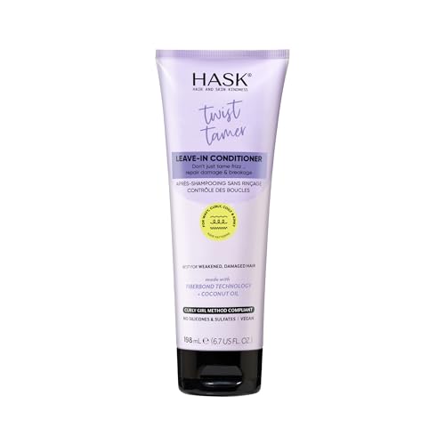 Hask Twist Tamer Leave-In Conditioner With Fiberbond Technology & Coconut Oil for Wavy, Curly, Coily & Kinky Hair, Strengthens, Reduces Frizz, Boosts Hydration, Vegan, Sulfate-Free – 6.7 Fl Oz
