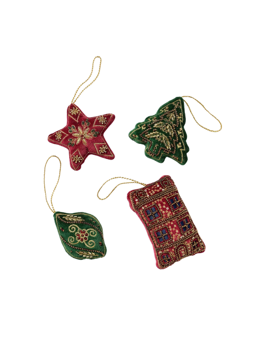 Beaded Fabric Tree Ornaments, Set of 4