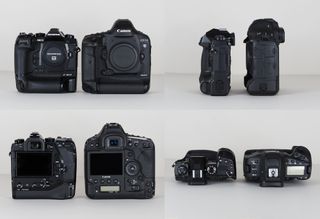 Size comparison: Olympus OM-D E-M1X (left) vs Canon EOS-1D X Mark II (right)
