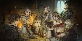 The Octopath Travelers gather around a table.
