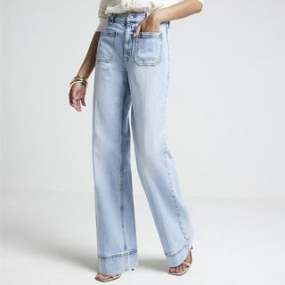 Blue high waisted front pocket wide leg jeans