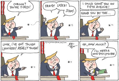 Political Cartoon U.S. Trump Coronavirus deal-making threats scam fraud non-disclosure