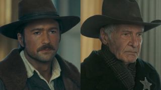 From left to right: a side-by-side of Brandon Sklenar as Spencer Dutton looking serious and Harrison Ford as Jacob Dutton looking serious in the 1923 finale.