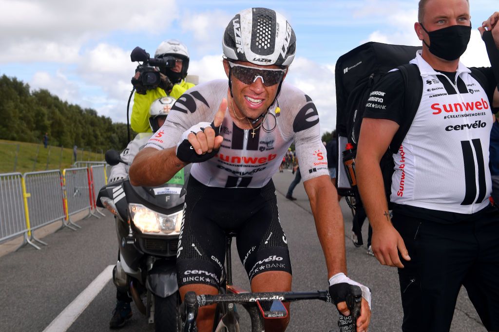 PLOUAY FRANCE AUGUST 25 Arrival Michael Matthews of Australia and Team Sunweb Celebration Soigneur during the 84th Bretagne Classic OuestFrance 2020 a 2478km race from Plouay to Plouay GrandPrixPlouay GPPlouay on August 25 2020 in Plouay France Photo by Luc ClaessenGetty Images