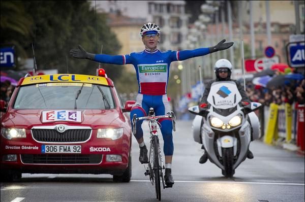 Thomas Voeckler (Europecar) celebrates victory in the final stage of Paris-Nice