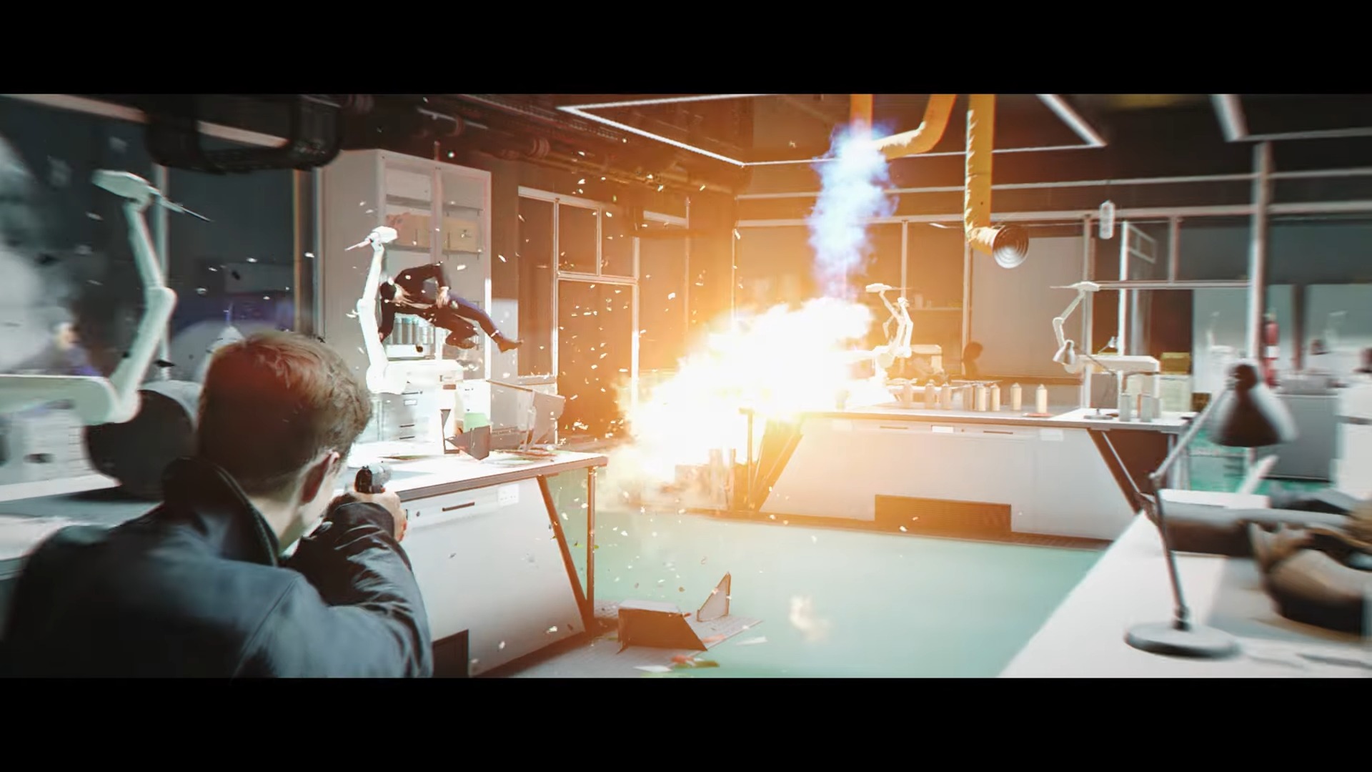 James Bond causes an explosion in a lab gunfight in 007 First Light