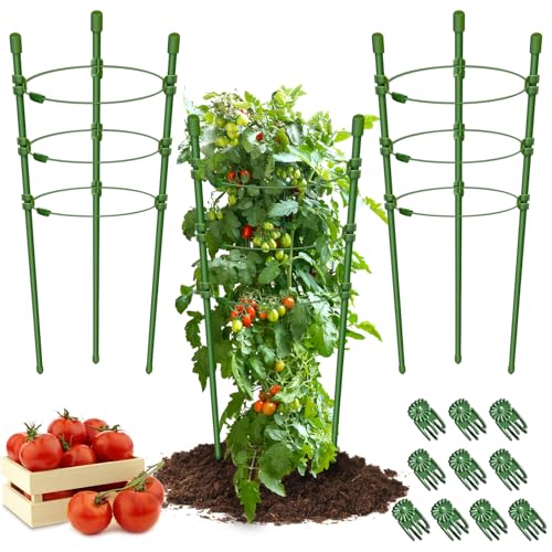 Legigo 3 Packs Plant Support Cages Tomato Cage for Garden- 18 Inch Adjustable Garden Cucumber Trellis Plant Stakes, Trellis Support Rings for Climbing Plants, Pots, Indoor Plants With 10 Plant Clips