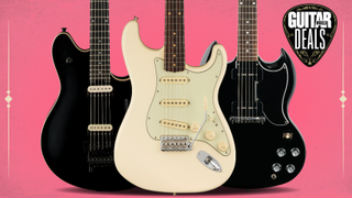 Three guitars on a pink background