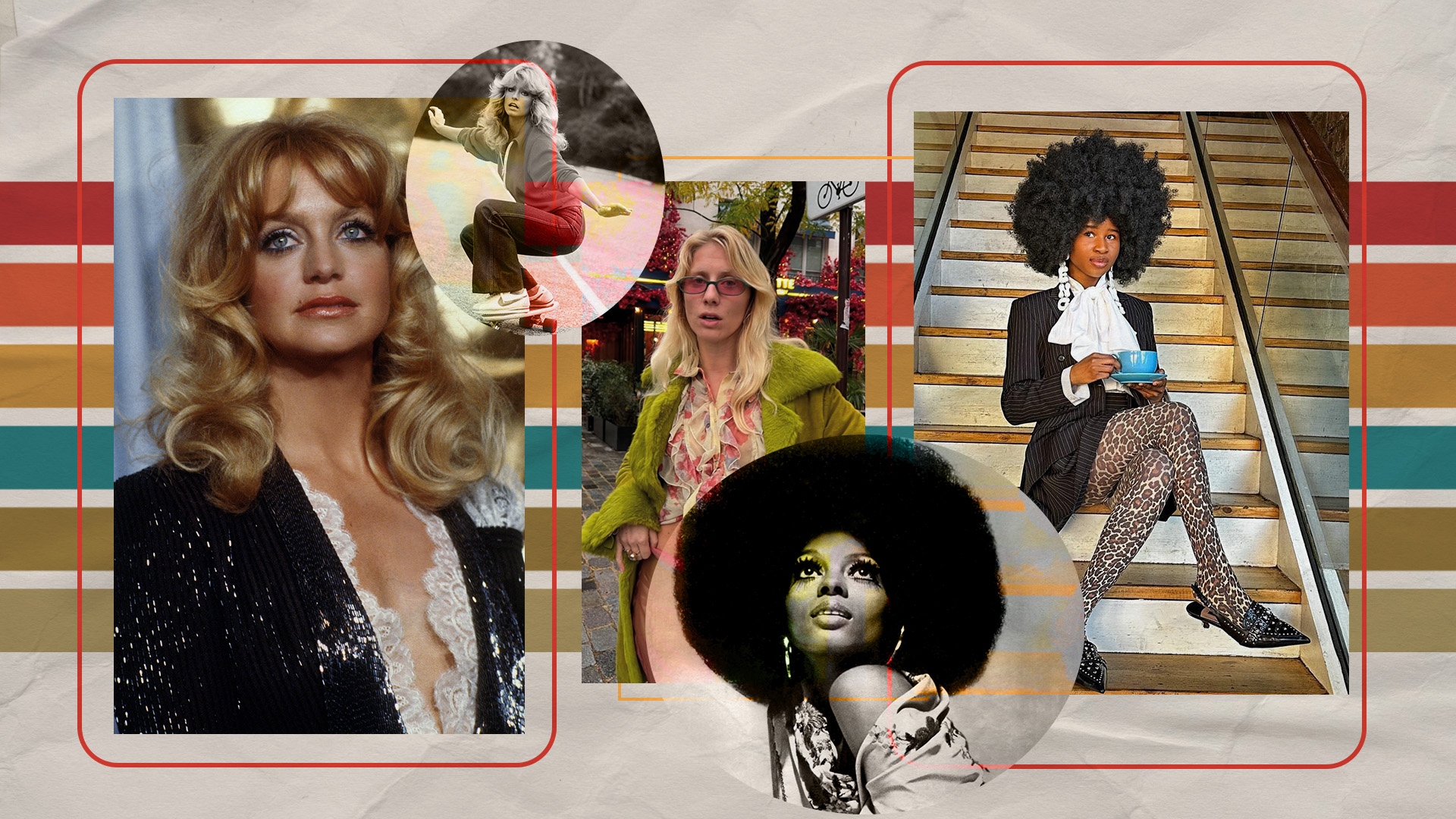 Collage of images of Goldie Hawn, Farrah Fawcett, and Diana Ross from the 1970s, plus modern-day pictures of creators Laura Tonder and Blessing Afolayan