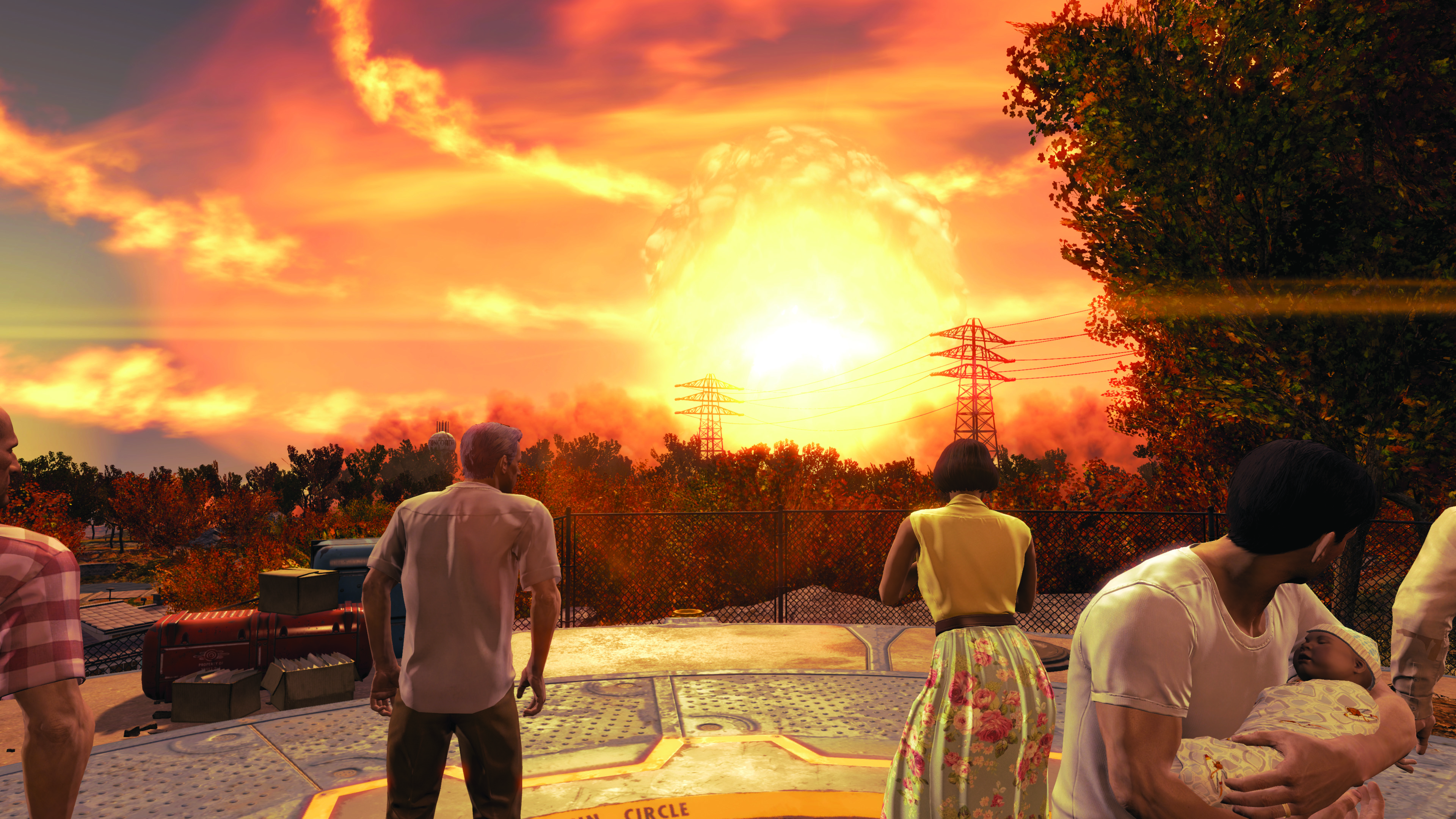 Civilians looking out an explosion in the distance