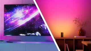 Split image showing Philips Hue Play Smart Wall Washer light synced with TV and on a shelf