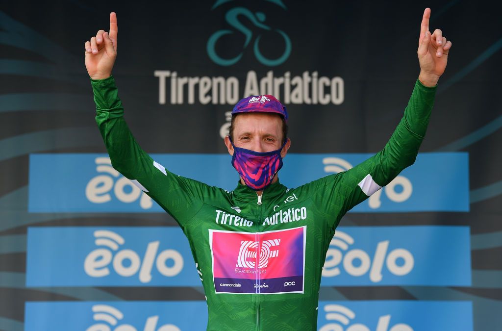 CASCIA ITALY SEPTEMBER 10 Podium Michael Woods of Canada and Team EF Pro Cycling GreeNn Mountain Jersey Celebration during the 55th TirrenoAdriatico 2020 Stage 4 a 194km stage from Terni to Cascia 645m TirrenAdriatico on September 10 2020 in Cascia Italy Photo by Justin SetterfieldGetty Images