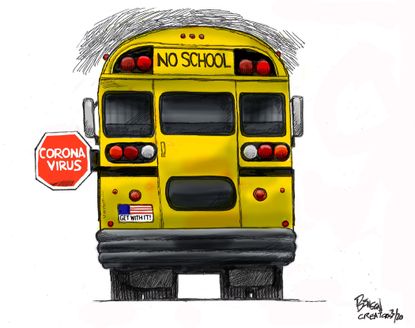 Editorial Cartoon U.S. No School coronavirus bus stop