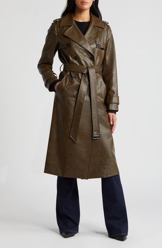 Belted Double Breasted Faux Leather Trench Coat