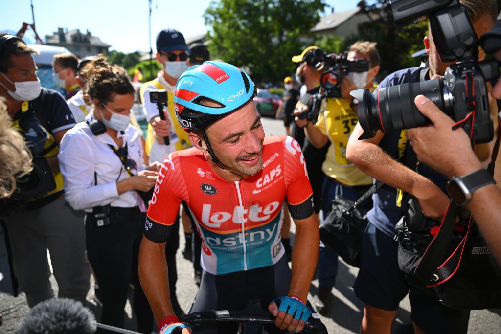 BARCELONNETTE FRANCE JULY 18 Stage winner Victor Campenaerts of Belgium and Team Lotto Dstny reacts after the 111th Tour de France 2024 Stage 18 a 1795km stage from Gap to Barcelonnette 1134m UCIWT on July 18 2024 in Barcelonnette France Photo by Dario BelingheriGetty Images