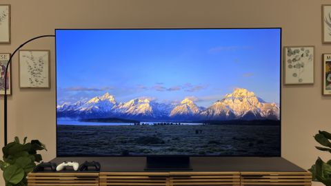 Samsung S95D showing image of mountains 