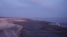 A view of a beach with various pieces of trash on it.