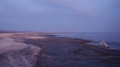 A view of a beach with various pieces of trash on it.