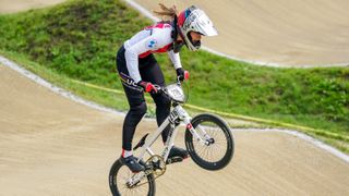 Zoe Claessens in mid-air at the UCI BMX World Championships