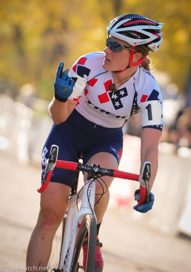 Katie Compton (Trek Cyclocross Collaborative) asking the officials if she had one lap to go because that is what the lap card may have indicated. In fact, she had just won the race.