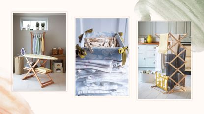 collage of laundry room images to support a guide on how to dry clothes indoors during the winter