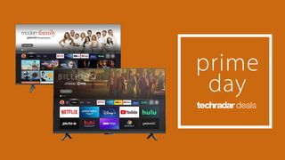Two Amazon Fire TVs on an orange background next to techradar deals prime day logo