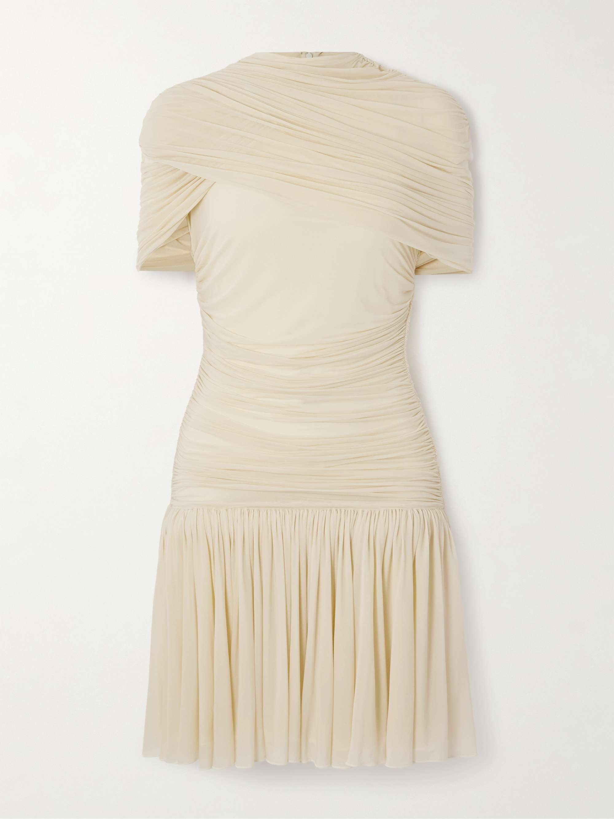 Cape-Effect Draped Ruched Jersey Mini Dress