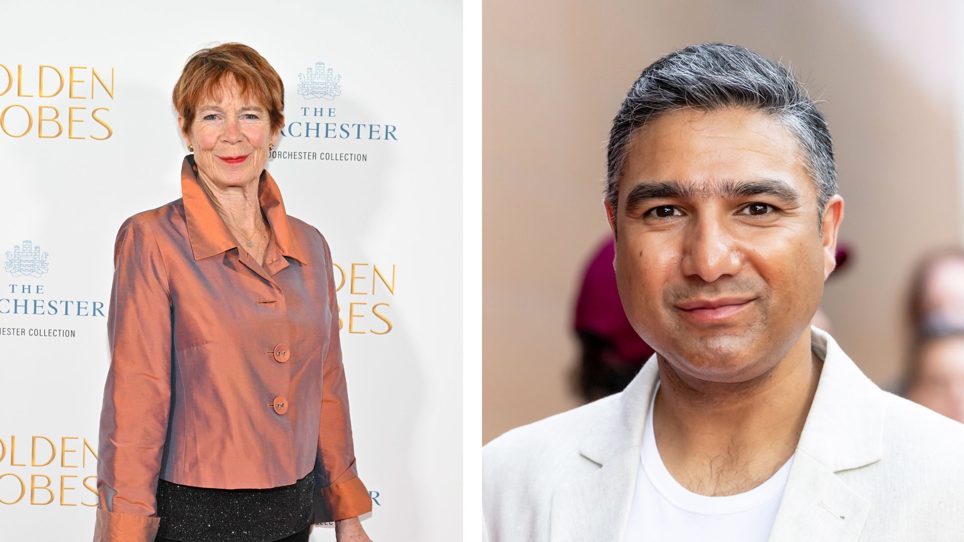 Actor/comedian Nick Mohammed at the "Deep Cover" premiere during the 2025 Tribeca Festival at BMCC Tribeca next to an image of Celia Imrie at the BFI film festival at the Dorchester