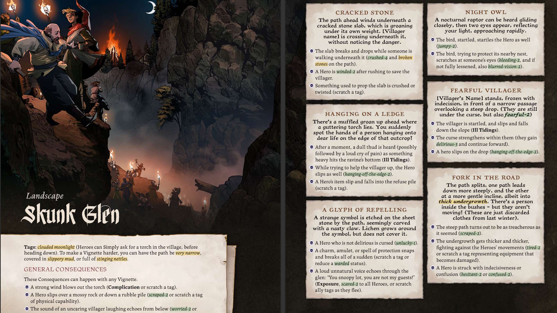 A group of adventurers descend into a rocky glen, alongside blocks of text laid out on a black background