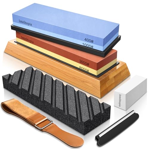 Intelitopia Complete Knife Sharpening Stone Set &amp;ndash; Dual Grit Whetstone 400/1000 3000/8000 Knife Sharpener With Leather Strop, Flattening Stone, Bamboo Base, 3 Non-Slip Rubber Bases &amp;amp; Angle Guide