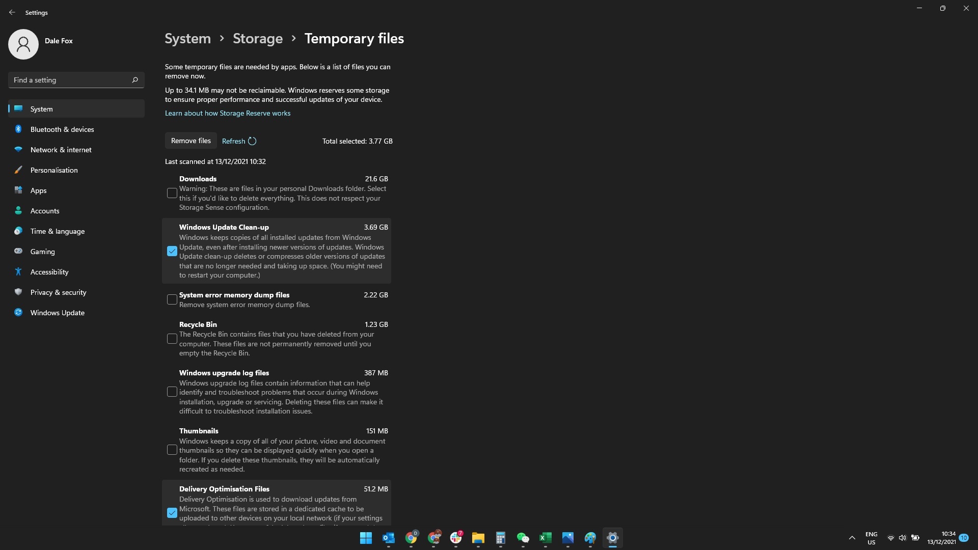 Screenshot of Windows 11 Temporary files menu with 